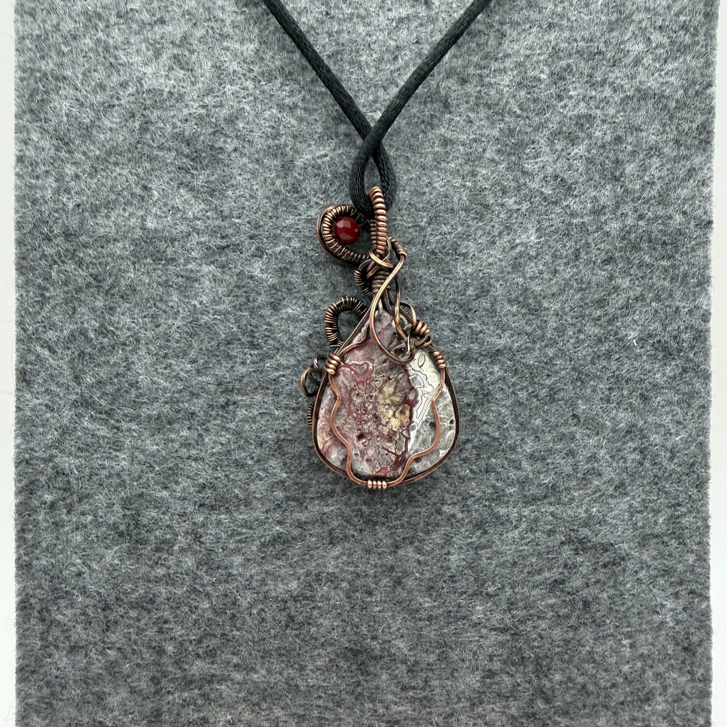 Crazy Lace Agate Antiqued Copper Pendant — Piece No. P001
