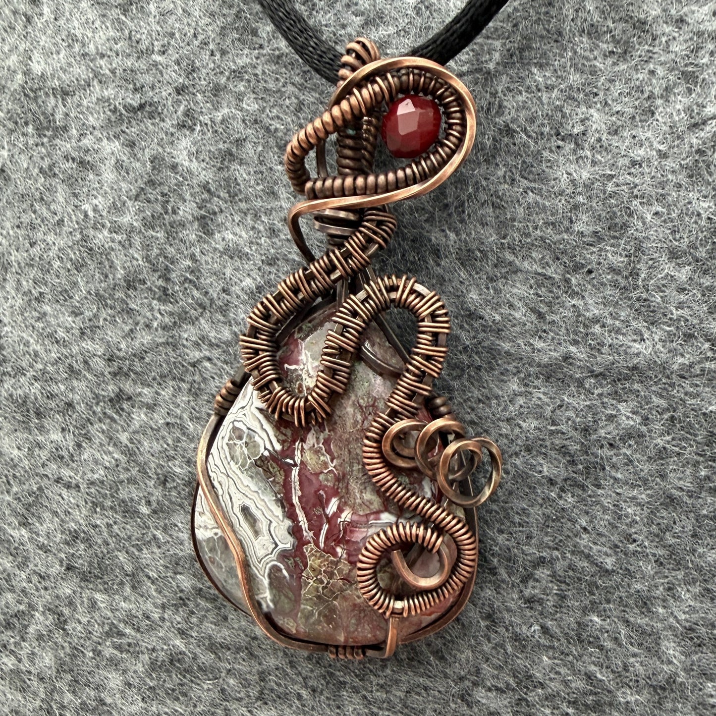 Crazy Lace Agate Antiqued Copper Pendant — Piece No. P001
