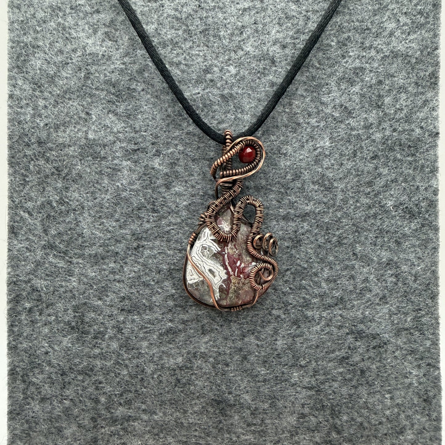 Crazy Lace Agate Antiqued Copper Pendant — Piece No. P001