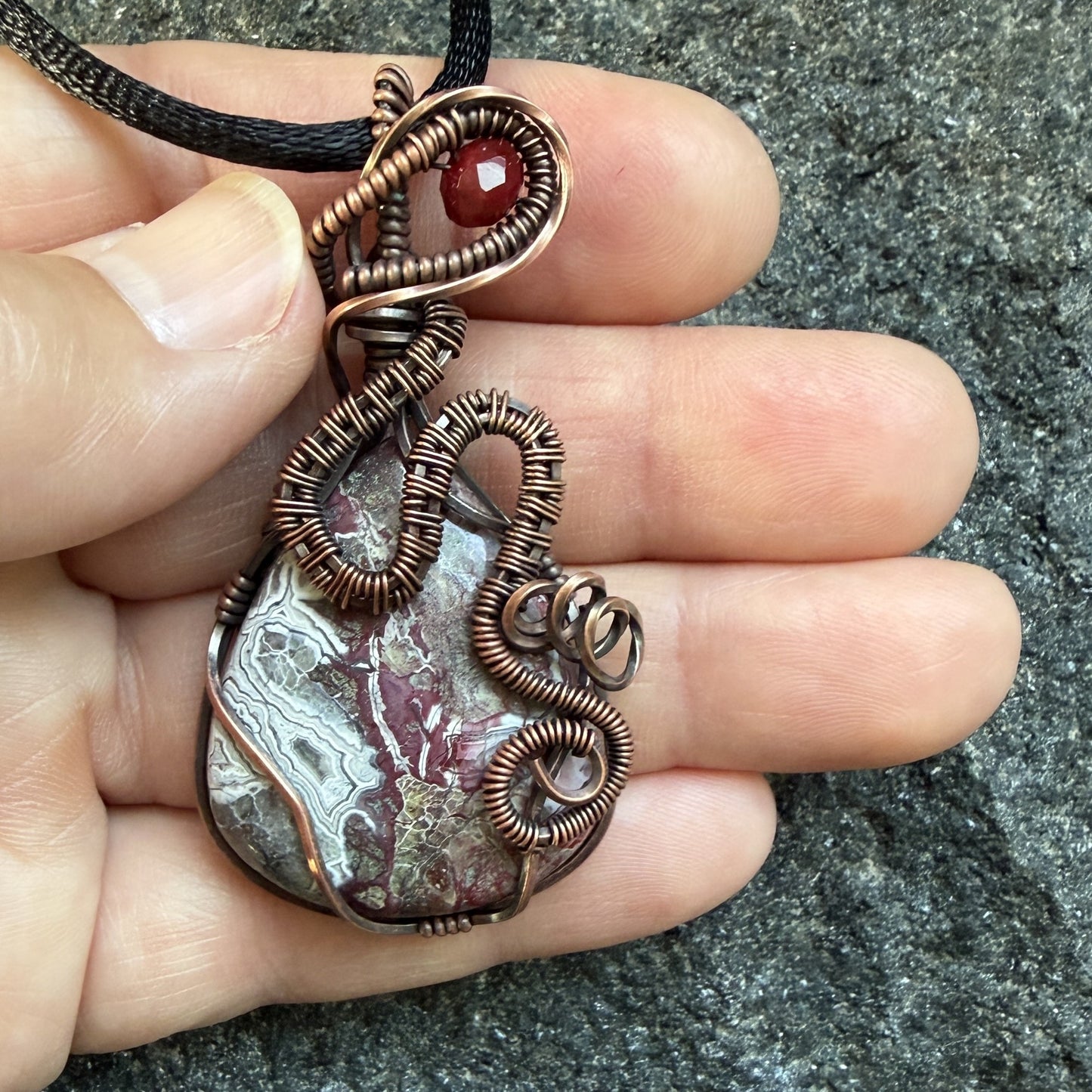 Crazy Lace Agate Antiqued Copper Pendant — Piece No. P001