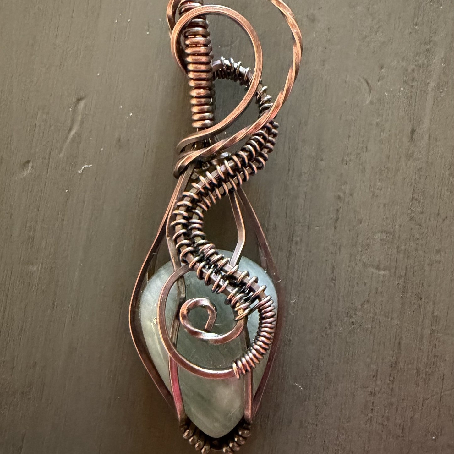 Green Line Jasper Antiqued Copper Pendant — Piece No. P025